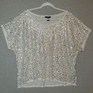 H&M Size Large Cream Sequins Shortsleeve Top